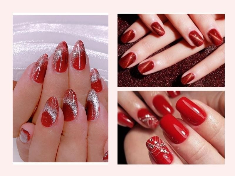 55+ mẫu nail mắt mèo sành điệu, ấn tượng thu hút mọi ánh nhìn 2025 27 Nail Mắt Mèo Đỏ Rực Rỡ